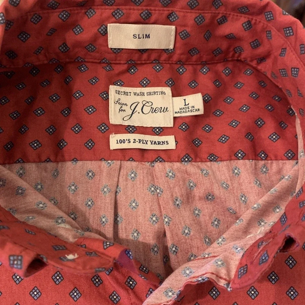 J.Crew Shirt Men's‎ Large Slim Fit Secret Wash 100's 2-Ply Yarn Red Geometric